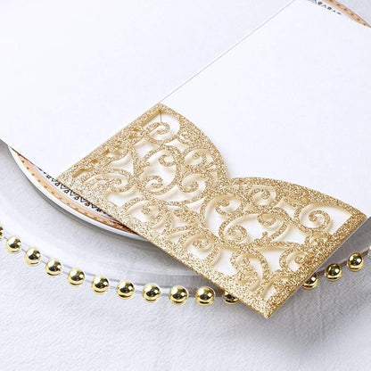 ponatia 5.12 x 7.2 Laser Cut Invitation Pocket, 20PCS Tri-Fold 5 x 7 Laser Cut Wedding Invitation Pockets with Envelopes for Wedding Bbay Shower Birthday Invite (Gold Glitter, No Inner Sheet)
