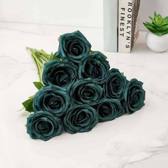 Artificial Rose 10pcs Open Flower Bouquet Faux Rose Stems for Wedding Arrangement, Bridal Bouquet, Centerpiece, Fake Faux Silk Flowers (Emerald Green)