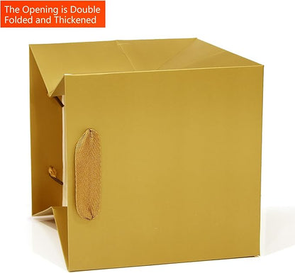 Gold Square Gift Bag 10 in Paper Gift Box Large Square Bottom Kraft Paper Bags with Handles for Party Favor, Birthday Gift Bags (Gold, 10 x 10 x 10 in, 10 CT)