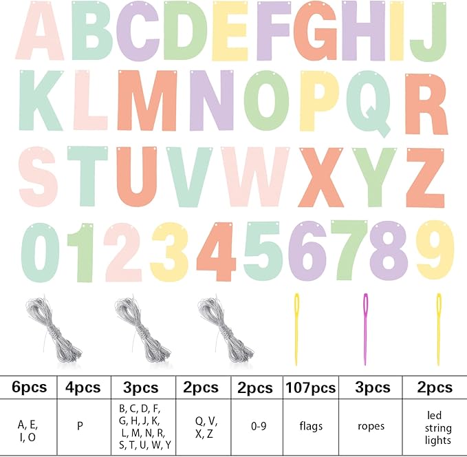 TaoBary 112 Pcs DIY Letter Kit Glitter Customizable Banner Letters Include 107 Letters and Numbers 3 Rope and 2 Needles for Birthday Halloween Christmas Wedding Valentine Party Decor(Macaron Color)