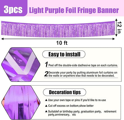 3 Pack 10 Feet Light Purple Foil Fringe Garland Metallic Tinsel Streamers Banner Wall Hanging Curtain Backdrop for Parade Floats, Christmas, Thanksgiving, Birthday Party Decorations