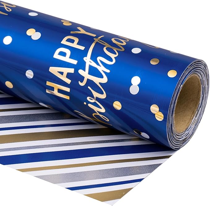 LeZakaa Reversible Blue Birthday Wrapping Paper Roll for Boys Men, Happy Birthday Lettering & Stripe Pattern with Metallic Foil in Navy Blue, Mini Roll, 17 inches x 32.8 Feet (46.45 sq.ft.)