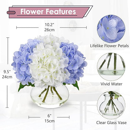 Hollyone Hydrangea Artificial Flowers with Vase White & Blue Silk Fake Flowers Arrangements in Glass Vase with Faux Water Faux Floral Bulk Bouquet Bathroom Table Centerpiece Shelf Home Decor