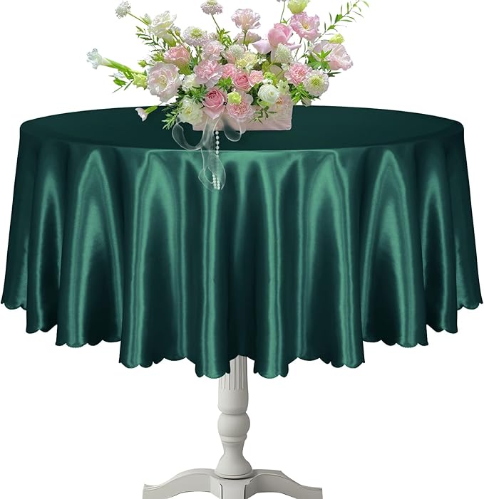 KKJIAF 1 Pack Round Table Cloths 90 Inch, Hunter Green Overlay Round Satin Table Cover, Silky Satin Dining Tablecloths for Wedding Buffet Parties Banquet Decoration