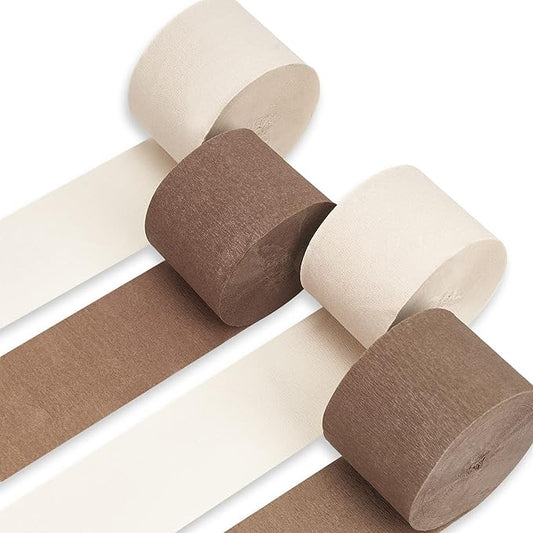 PartyWoo Brown Crepe Paper Streamers 4pcs 328ft Pack of Boho Neutral Sand White Crepe Paper Streamers for Birthday Baby Shower Wedding Graduation Anniversary Woodland Jungle Theme Party Decorations