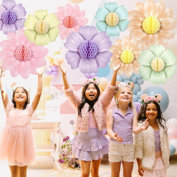SUNBEAUTY 9 PCS Pastel Rainbow Party Decorations 10 Inch Giant Paper Flowers 3D Honeycomb for Party Pastel Hanging Flower Decorations for Girls Wall Birthday Wedding Backdrop Bridal Shower Classroom