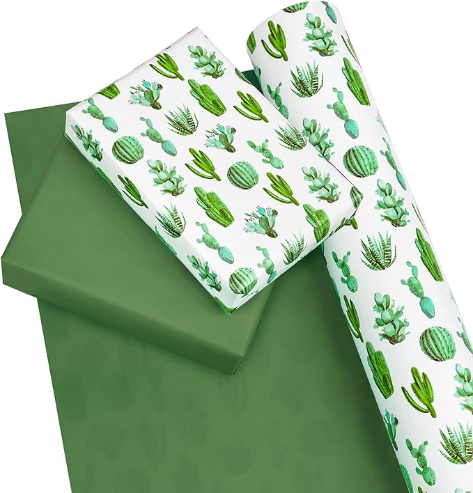 WRAPAHOLIC Reversible Cactus Wrapping Paper - Mini Roll - 17 Inch X 33 Feet - Watercolor Green Cactus Hawaii Wrapping Paper for Birthday, Wedding, Bridal Shower, Baby Shower