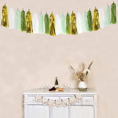 Sage-Olive Green Gold Party-Decorations Tassel-Garland - 20pcs Rustic Wedding Baby Shower Tassels Banner Streamers, Birthday Bachelorette Engagement Bridal Decor Panduola