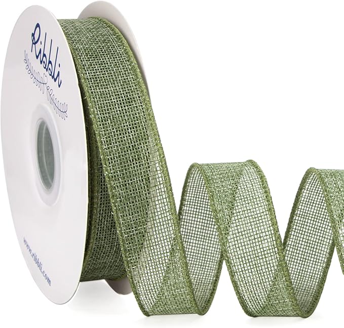 Ribbli Sage Green Burlap Wired Ribbon, 1” Inch x Continuous 20 Yard, Spring Moss Wired Ribbon for Wreaths,Big Bows,Tree Decoration,Outdoor Decoration