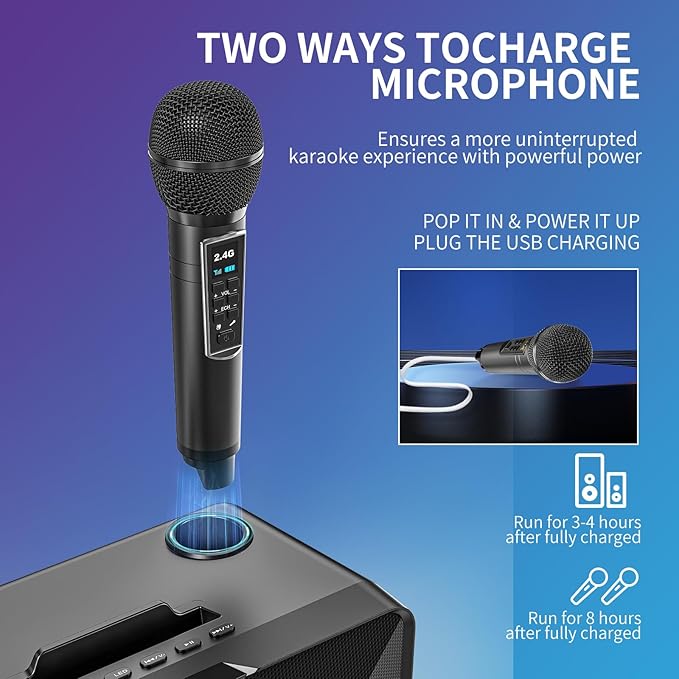 Karaoke Machine for Adults and Kids with 2 UHF Wireless Microphones,Portable Bluetooth Speaker PA Speaker System with LED Party Lights for Home Party, Picnic,Car,Outdoor/Indoor/Birthday Gifts
