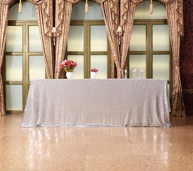 SquarePie Sequin Tablecloth 90 x 156 Inch Silver Sparkly Table Linen for Wedding Party