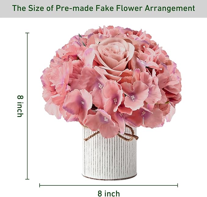 Flower Table Centerpieces - Set of 6 Floral Arrangement Artificial Wedding Hydrangeas Floral Arrangement with Rustic Metal Vase for Bridal Tea Party Event Decorations - Deep Pink