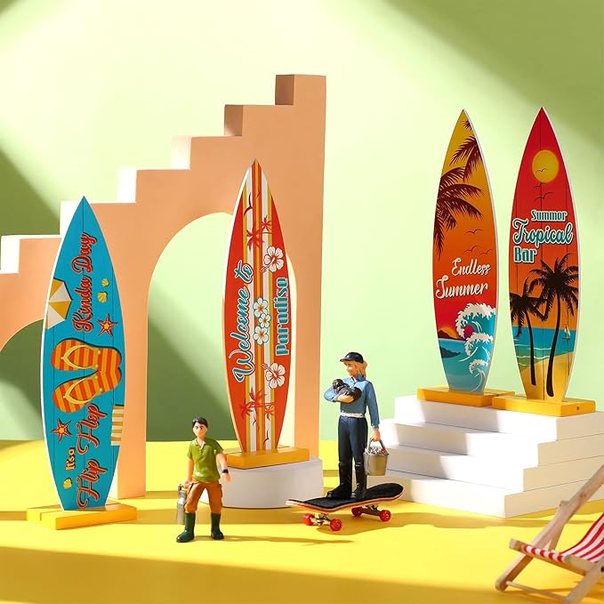 Blulu 4 Pcs Surfboard Decorations for Party Surfboard Beach Signs Welcome to Paradise Sign Tropical Bar Table Centerpieces Endless Summer Wood Decor Flip Flop Letters for Home Decor(Tropical Style)