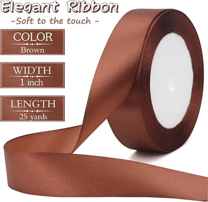 Brown Solid Satin Ribbon 1 Inch 25 Yards Solid Polyester Fabric Ribbon for Gift Wrapping Wedding Christmas Baby Shower Birthday Party Decoration Handmade Immortal Flower Craft