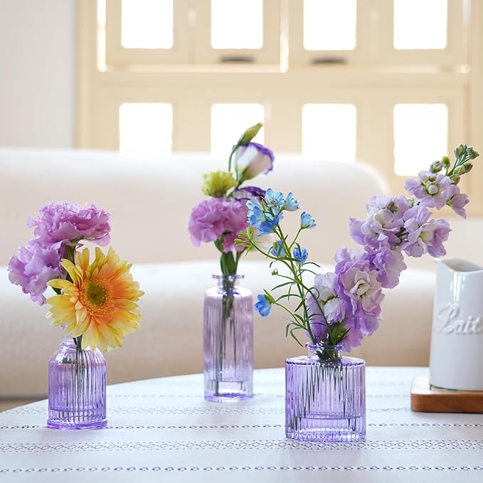 Glass Bud Vases 24 in Bulk, Small Purple Vase Glass Vases for Flowers Modern Ribbed Colored Bud Vase for Decor Wedding Flower Vase in Bulk Vintage Decor Bridal Shower Centerpieces Home Decoration