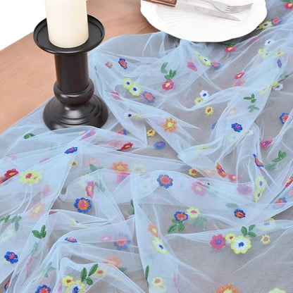 Joanlody Blue Embroidery Daisy Fall Thanksgiving Table Runner Florals Seasonal Tulle Table Runner Holiday Kitchen Dining Table Decoration Wedding Party