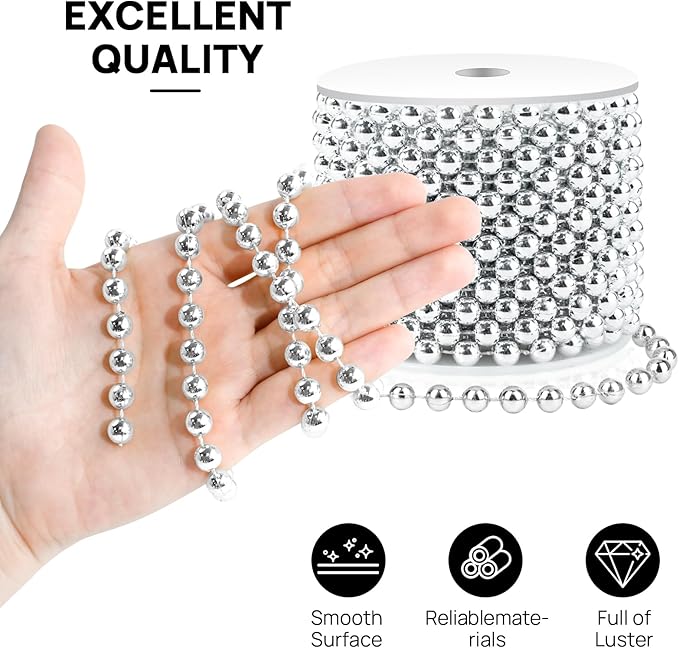 Craft String Pearls 8MM Pearl Bead, 33 Feet Silver Faux Pearl Garland Spool Roll Strand Wedding Party Decoration, Christmas Tree Decorations