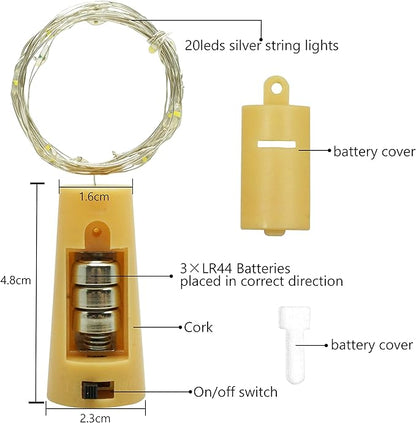 20 LED Wine Bottle Lights with Cork, 15 Pack Battery Operated Cork Shape Fairy Light Waterproof Mini Copper Silver Wire String Lights for Party, Wedding, Christmas, Bedroom Decor (Multicolor)