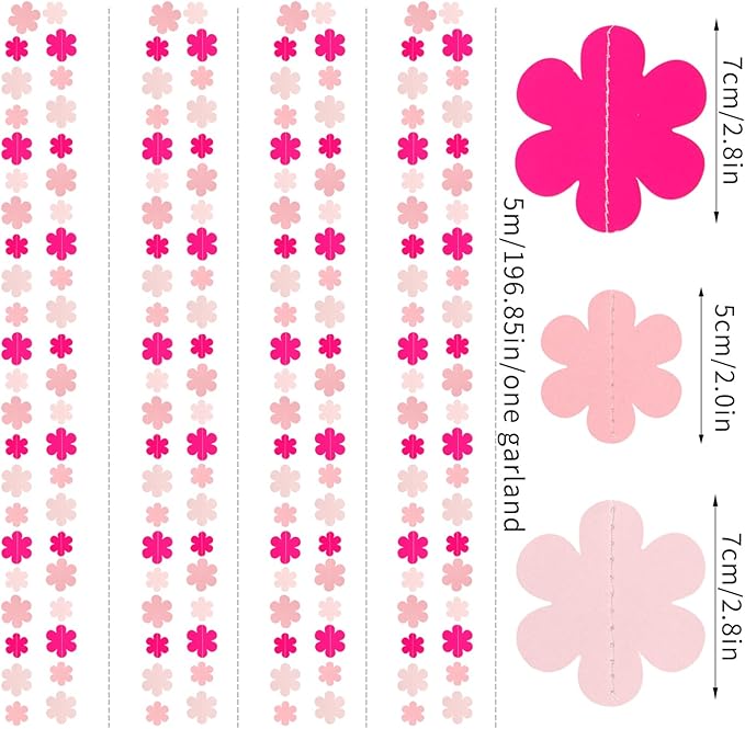 Pink Party-Decorations Streamers-Garland - 52ft Flower Hanging Paper Banner, Birthday Baby Bridal Shower Bachelorette Wedding Decor Hugfond