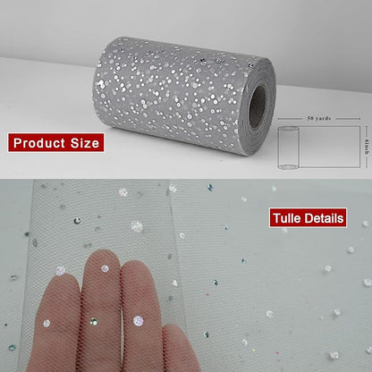Glitter Tulle Rolls, 6” by 50 Yards (150FT) Sequin Tule Netting Fabric Tulle for Tutu Skirts Sewing Birthday Wedding Party Decoration (Sliver)