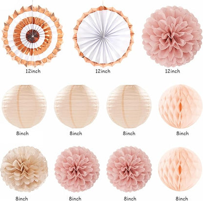 Blush-Pink Rose-Gold Fall Birthday Party-Decorations - 21pcs Boho Happy Banner Sign,Women Paper Lanterns Honeycomb,One Sweet Peach Streamers Garland,Girl Tissue Pom Poms Flowers Fans Decor Burgleda