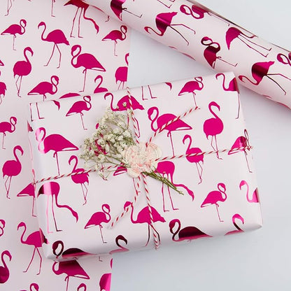 WRAPAHOLIC Wrapping Paper Roll - Mini Roll - 17 Inch X 33 Feet - Pink with Fuschia Foil Flamingo for Wedding, Birthday, Holiday, Baby Shower