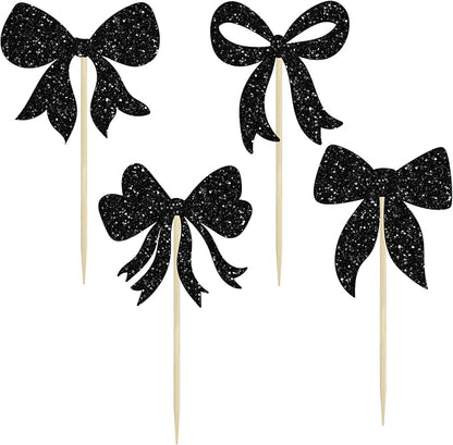 Gyufise 36Pcs Bow Cupcake Toppers Glitter Girls Birthday Decorations Bowknot Cupcake Picks Bow Tie Birthday Decorations Bow Cake Toppers for Bridal Baby Shower Bachelorette Party Supplies Black