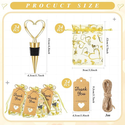 Buryeah 24 Set Wedding Heart Shaped Wine Stopper Party Favors Bulk Beverage Bottle Stopper Wine Cork Love Design Souvenirs for Guest with Sheer Bag Labels Rope Gift for Engagement Bridal Shower, Gold
