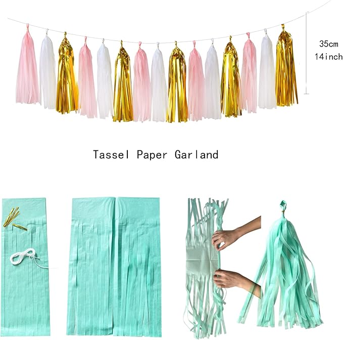 Pink-White Gold Girl Birthday Party-Decorations - 23pcs Kits Tissue Paper Pom Poms Streamers,Princess Banner Flags,Bachelorette Baby Bridal Shower Engagement Decoration Tassel Garland Lasting Surprise