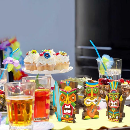Blulu 3 Pcs Tiki Party Decor Hawaiian Luau Party Decorations Tropical Aloha Wooden Bar Table Sign Colorful Farmhouse Tiki Centerpieces for Table Summer Welcome Housewarming(Classic,5.11 Inch)