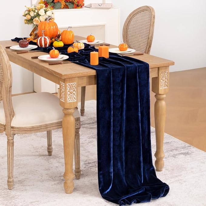 Navy Blue Velvet Table Runner Fall Thanksgiving Navy Table Runner 20 x 120 Inch Luxurious Elegant Velvet Fabric Friendsgiving Table Decorations for Christmas Dinner Wedding Bridal Baby Shower