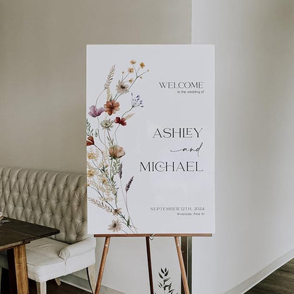 Welcome Wedding Sign Personalized, Wildflower Wedding Sign Decorations Signage 12" X 18" (Small), 27" (Medium), 36" (Large), Plastic, Modern, Pole Mount, Weather