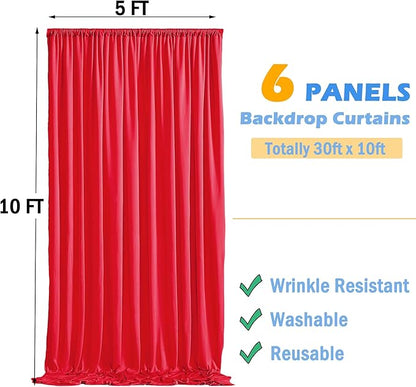 30ftx10ft Red Backdrop Curtains for Parties, Wrinkle Free 6 Panels 5x10ft Silky Photo Backdrop Drapes Back Drop Cloth for Wedding Birthday Photography Baby Shower Background Decor