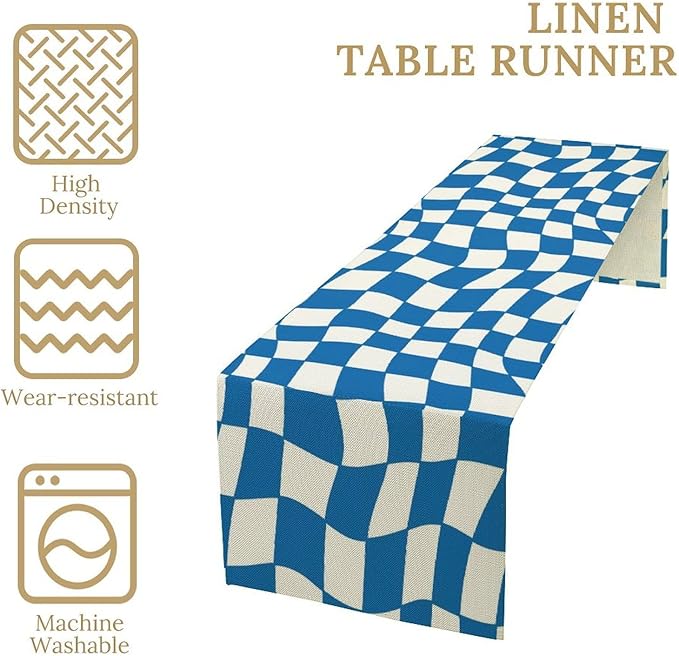 Table Flag Retro Plaid 60s70s Blue Plaid Table Flag Kitchen Restaurant Decoration Suitable for Indoor and Outdoor Festival Home Wedding Party Table Flag 13x120