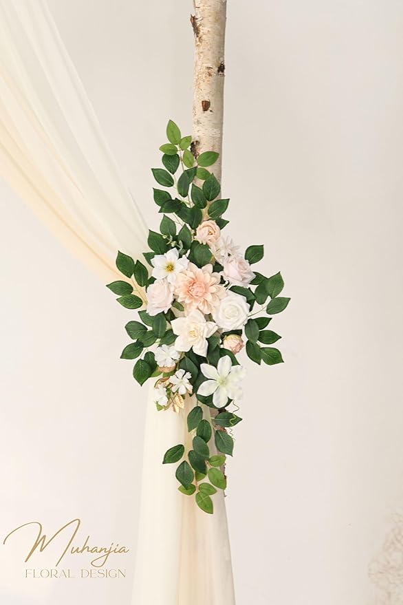 Artificial Wedding Arch Flowers Kit(Pack of 4),2Pcs Artificial Flower Arch Decor, 2Pcs Chiffon Fabric Drapes, Ceremony Decoration, Floral Outdoor Party Decor (Champagne & Cream)
