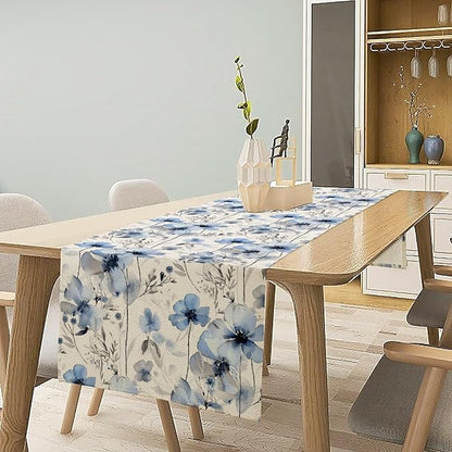 Watercolor Floral Table Runner, Blue Poppy Flower Seasonal Spring Summer Table Runner for Kitchen Dinning Table Runner Decor Home Wedding Party Holiday, 13x36 Inch