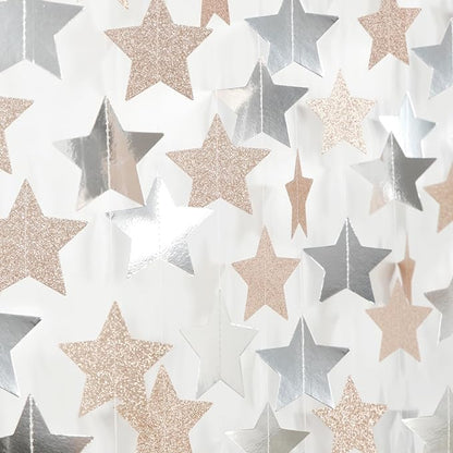 Champagne Glitter-Silver Party-Decorations Birthday Garland - 62ft Twinkle Little Star Hanging Streamers Banner,Boho Wedding Bridal Baby Shower Disco Christmas Bachelorette Engagement Decor Hugtmr