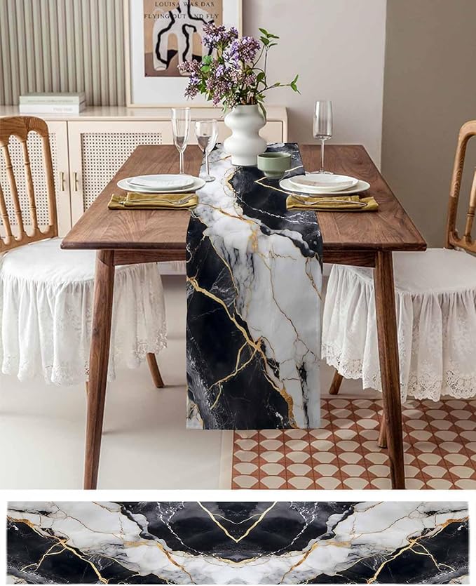 Black White Marble Cotton Linen Table Runner for Dining Kitchen, Wedding Outdoor Party Tablerunners Decoration, Nature Marble Crack Modern Art Dresser Scarf Coffee Tablecloth Runners 13x90 Inches