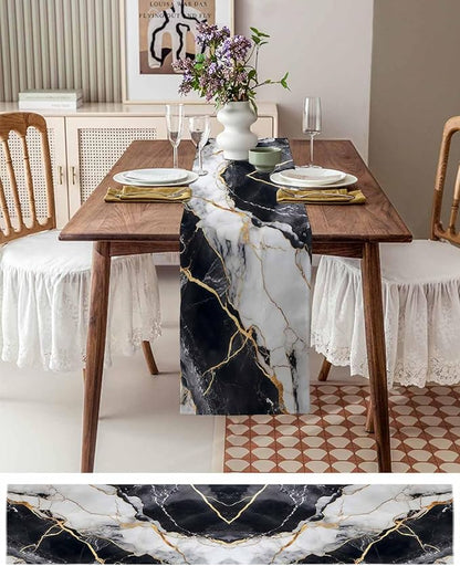 Black White Marble Cotton Linen Table Runner for Dining Kitchen, Wedding Outdoor Party Tablerunners Decoration, Nature Marble Crack Modern Art Dresser Scarf Coffee Tablecloth Runners 13x48 Inches