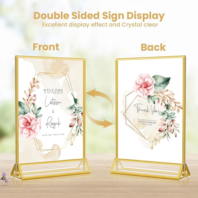 5x7 Gold Acrylic Sign Holder, 12 Pack Wedding Table Number Stands With Vertical Gold Borders, Double Sided Picture Frame Paper Stand, Clear Photo Display Menu for Party, Home, Restaurant