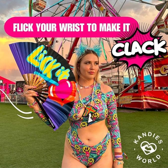 Kandies World UV Reactive Custom Festival Folding Hand Fan - Unique Designs, Made of Bamboo, Clacking Sound, Lightweight - Perfect Rave and Festival Accessory!