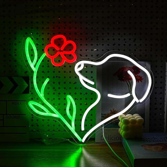 Cute Dog Neon Sign LED Flower Neon Light Suitable for Wall Decor Powered by USB Dimmable Love Dog Light Up Sign for Pet Shop Flower Shop Bedroom Gifts For Lover(15.7 * 12.4In)
