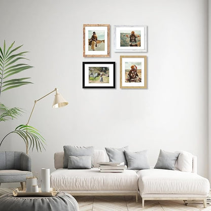11x14 Picture Frame Set of 4, High Definition Tempered Glass 11 x 14 Frames Display 8x10 Pictures with Mat, Mixed Color Wood Photo Frame Wall Mounting
