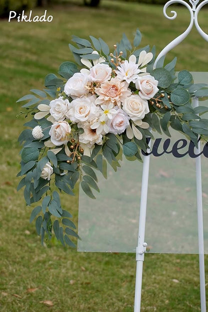 Faux Flower Swag Set of 2 for Wedding Welcome Signs Floral Swag Wedding Reception Ceremony Signs Decor (Champagne & Cream)