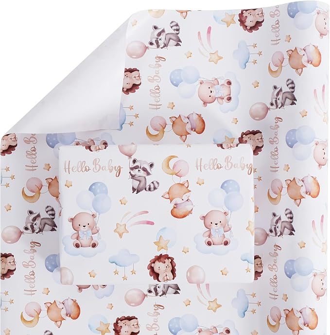 Aimyoo Baby Shower Wrapping Paper Roll - 17 Inch x 32.8 Feet - Cute Animal with Hello Baby Letter Design Perfect for Boys Girls, Birthday, Party