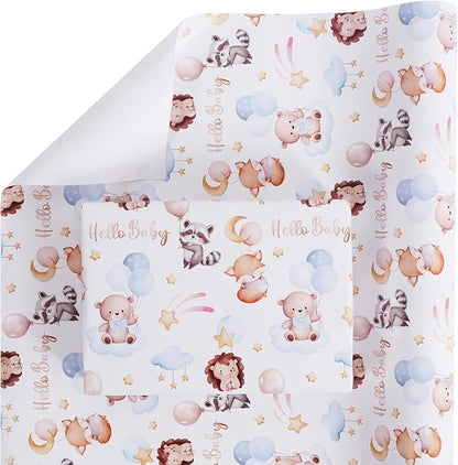 Aimyoo Baby Shower Wrapping Paper Roll - 17 Inch x 32.8 Feet - Cute Animal with Hello Baby Letter Design Perfect for Boys Girls, Birthday, Party