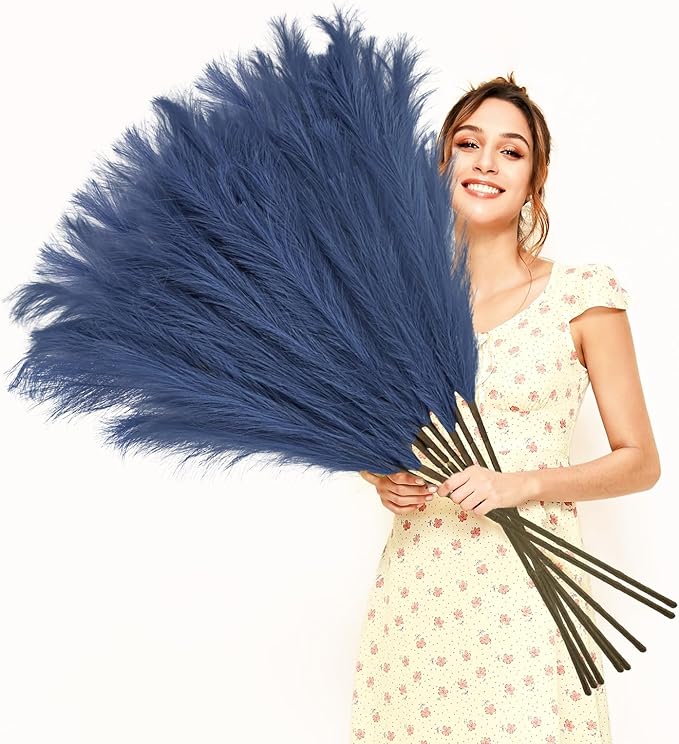 35" Faux Pampas Grass Decor, 8pcs Large Tall Fluffy Artificial Pompous Grass Branches Floral Fake Pompas Grass Bulrush Floor Vase Filler Flower Arrangement for Home Wedding Boho Decor - Blue