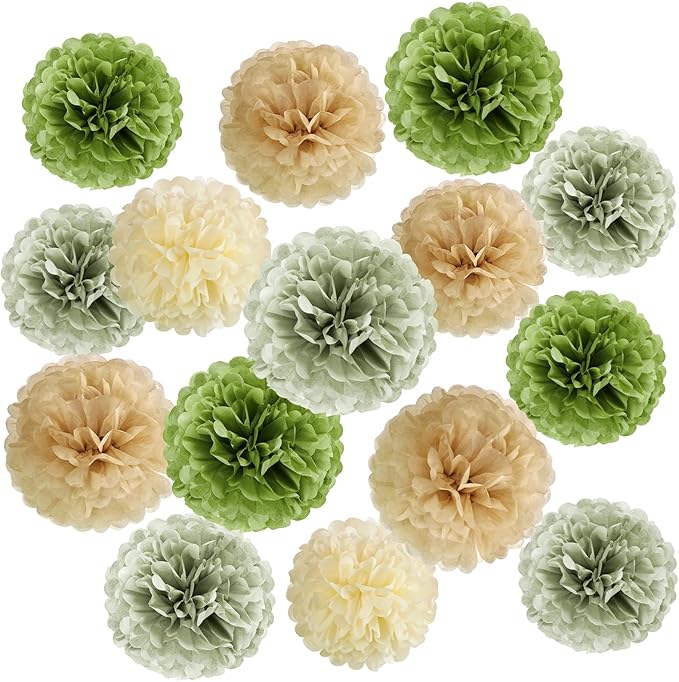 Sage Green Tissue Paper Pom Pom Flowers Decorations 15 PCS Olive Green Paper Flowers for Wall Hanging Backdrop Neutral Baby Shower Wedding Party Supplies Birthday Bridal Decor Table Centerpieces