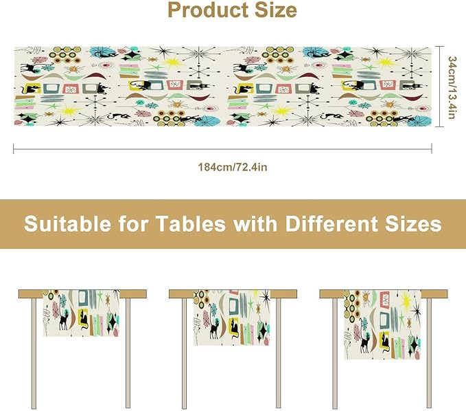 Colorful Geometric Table Runner,Vintage Mid Century Cute Cat Abstract Morden Print Tablecloth Burlap for Hotel Indoors Outdoor Dining Room Kitchen Home Decor, 13x70in