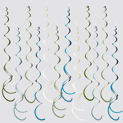 36 Pcs Sage Green Dusty Blue Hanging Swirl Decorations Blue Sage Green Felt Swirl Streamer Spiral Ceiling Garland for Baby Shower Birthday Retirement Wedding Safari Silly Goose Theme Party Supplies
